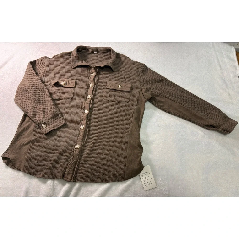 Womens Lightweight Waffle Knit‎ Shacket Brown Oversized Button Down XL NWT - Picture 2 of 12